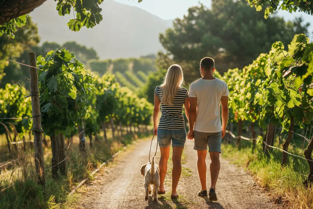 Couple en promenade dans un vignoble du Val de Loire lors d’un séjour à l’hôtel.