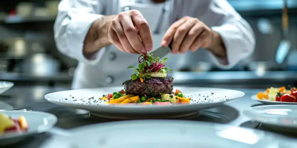 Chef gastronomique dressant une assiette raffinée dans la cuisine d’un restaurant en Indre-et-Loire, produit frais et présentation délicate