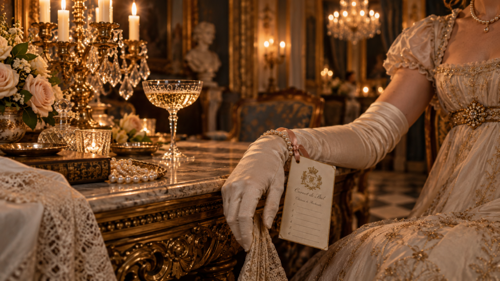 Dame en robe blanche tenant un carnet de bal ancien