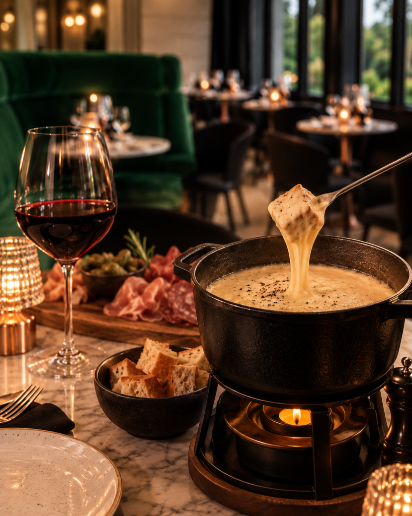 Fondue au fromage filante servie dans un restaurant élégant